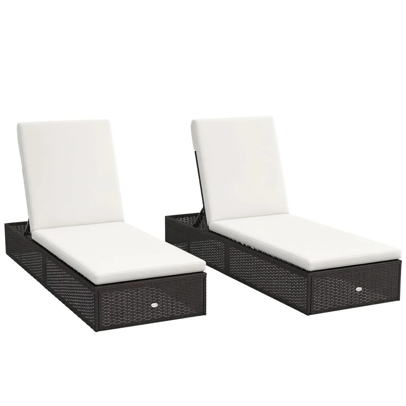 Outsunny PE Rattan Sun Loungers Set of 2, Five-level Adjustable Recliner Chairs w/Soft Padded Cushion for Patio, Garden, Mixed Brown