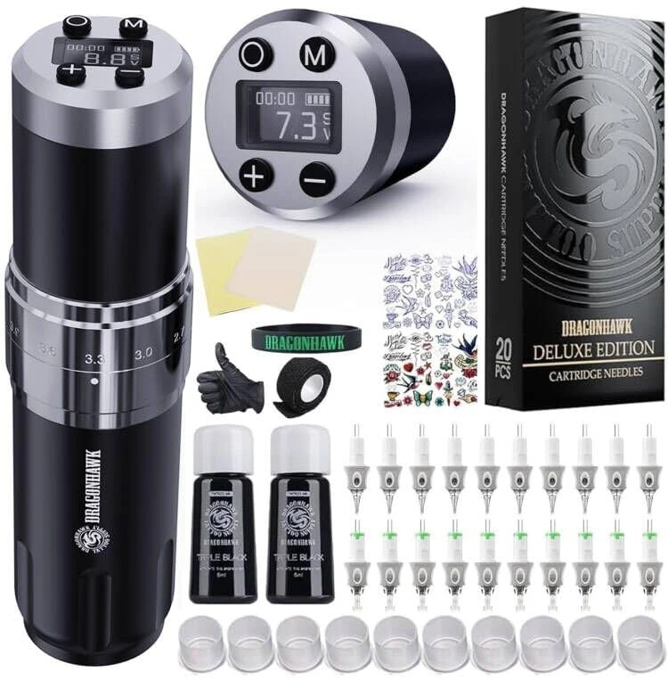 Extreme Tattoo Compatible Dragonhawk Kit Wireless Machine Pen Rotary Gun with 2pcs Batteries Adjustable Stroke Length 20pcs Needles Cartridges for Tattoo Beginner
