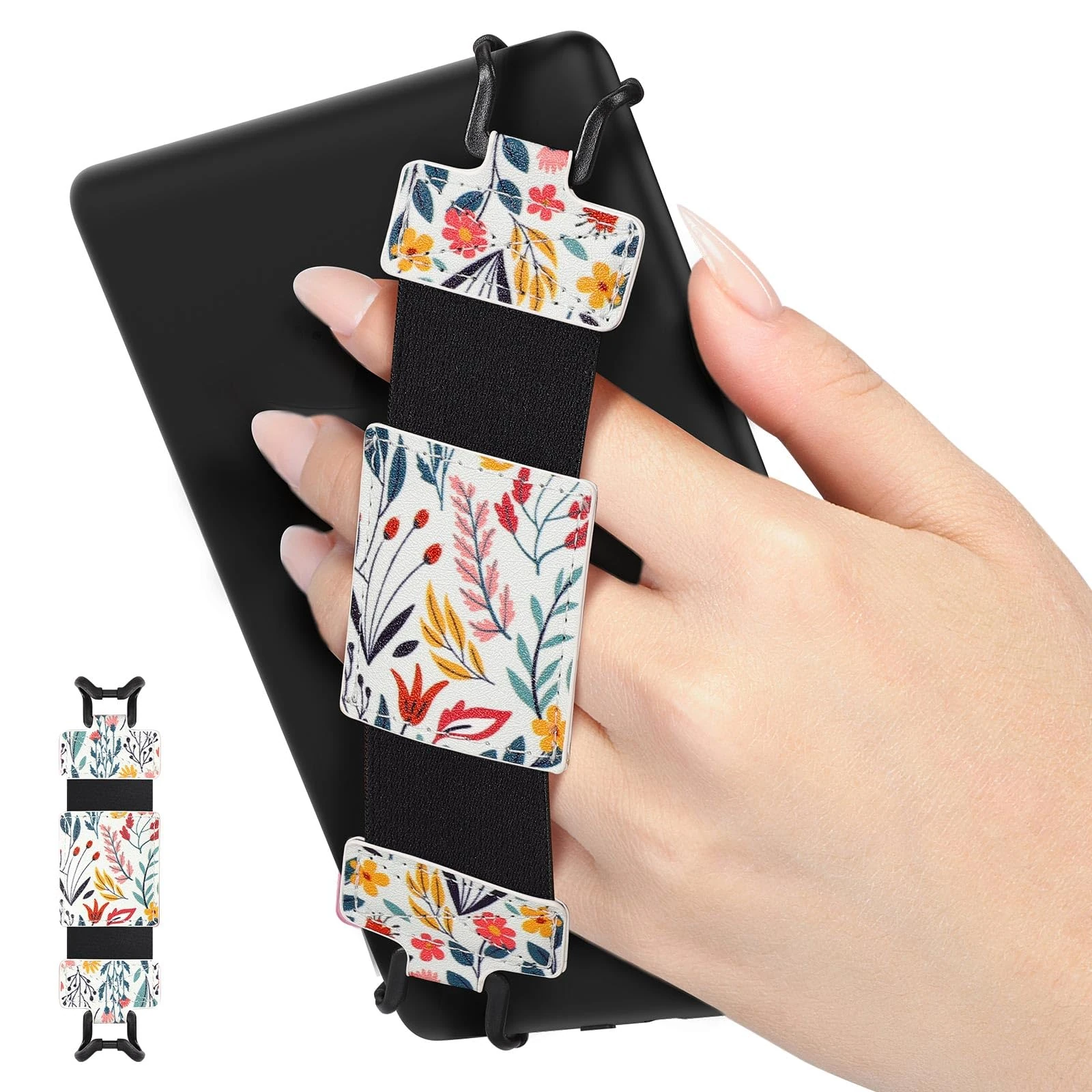 MoKo Soft Hand Strap for 6-8" Kindle eReaders Fire Tablet Kindle/Kobo/Voyaga/Lenovo/Sony Kindle E-Book Tablet, Black High-Elasticity Versatile Hand Strap Lightweight Finger Grip Holder, Flowers