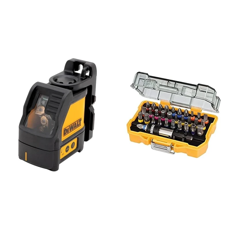 DEWALT 2-Way Self Levelling Ultra Bright Cross Line Red Laser DW088K & DT7969-QZ, 32 Piece XR Professional Magnetic Screwdriver Bit Accessory Set, Yellow