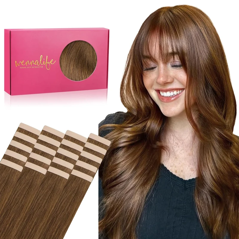 WENNALIFE Tape in Hair Extensions, 20pcs 20 Inch 50g Light Auburn Brown Real Human Hair, Remy Straight Tape Extensions