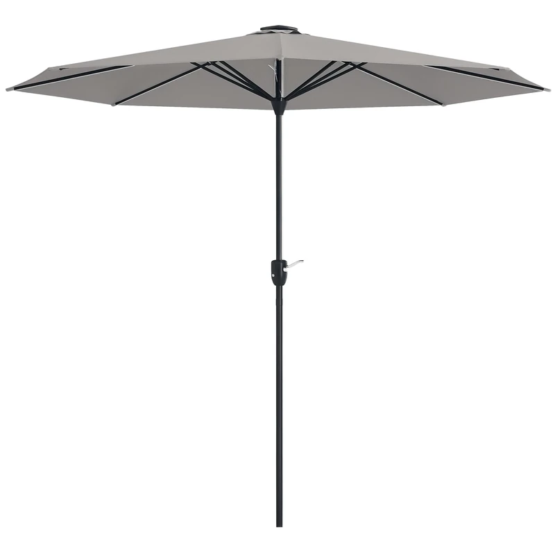 Outsunny 2.65m Garden Parasol with Lights, Solar Charged Warm Yellow LED Patio Umbrella with Crank Handle, for Balcony, Outdoor and Lawn, Light Grey