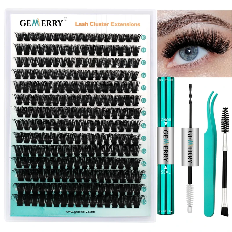 GEMERRY Lash Extension Kit 280Pcs Lash Clusters DIY Individual Eyelash Extension Kit D Curl Volume Cluster Lashes Wispy with Lash Bond and Seal and Lash Tweezers (80D-0.07D,10-18MIX-KIT)