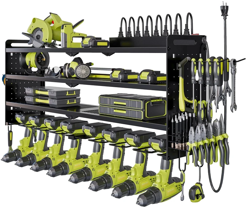 NattyDot - Tool Organizer with Charging Station, Wireless Tool Organiser, 8 Drill Holders, 4-Layer Storage Rack for Organization