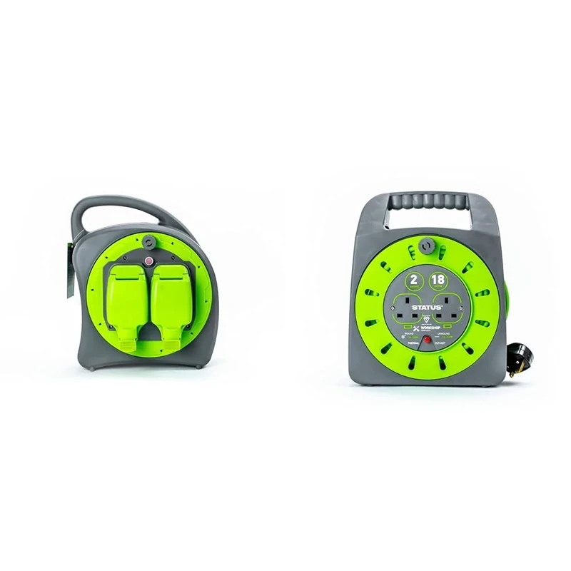 STATUS 2 Socket Cable Reel | 20m Green Waterproof Extension Lead & 2 Socket Cable Reel | 18m Green Extension Lead | 13A with Thermal Cut Out | Heavy Duty Outdoor Extension Lead | S18M2G13ACR4
