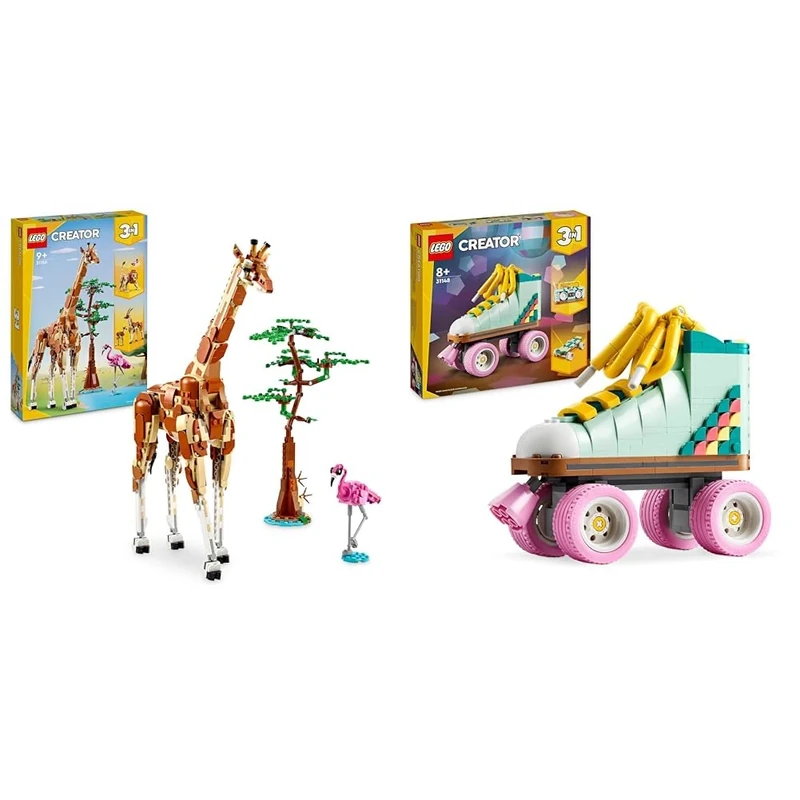 LEGO Creator 3in1 Wild Safari Animals, Giraffe Toy to Gazelle Figures to Lion Model & Creator 3in1 Retro Roller Skate to Mini Skateboard Toy to Boom Box Radio, Set for 8 Plus Year Old Girls