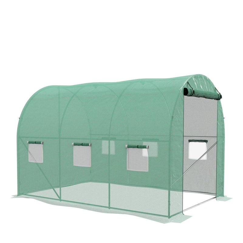 Outsunny 3 x 2(m) Polytunnel Greenhouse with Sprinkler Irrigation System, Walk-in Green House for Garden with Wide Roll-up Door, 6 Mesh Windows, Galvanised Steel Frame, Green