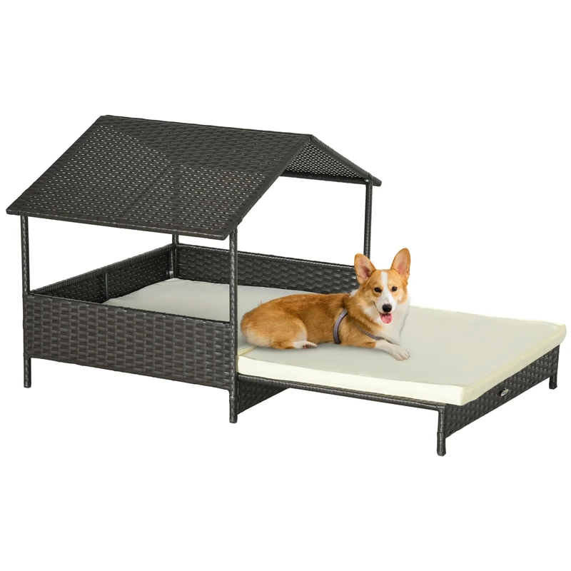 PawHut Rattan Dog House, Extendable Outdoor Wicker Dog Bed w/Water-Resistant Roof, Removable Cushion, for Small and Medium Dogs - Cream White