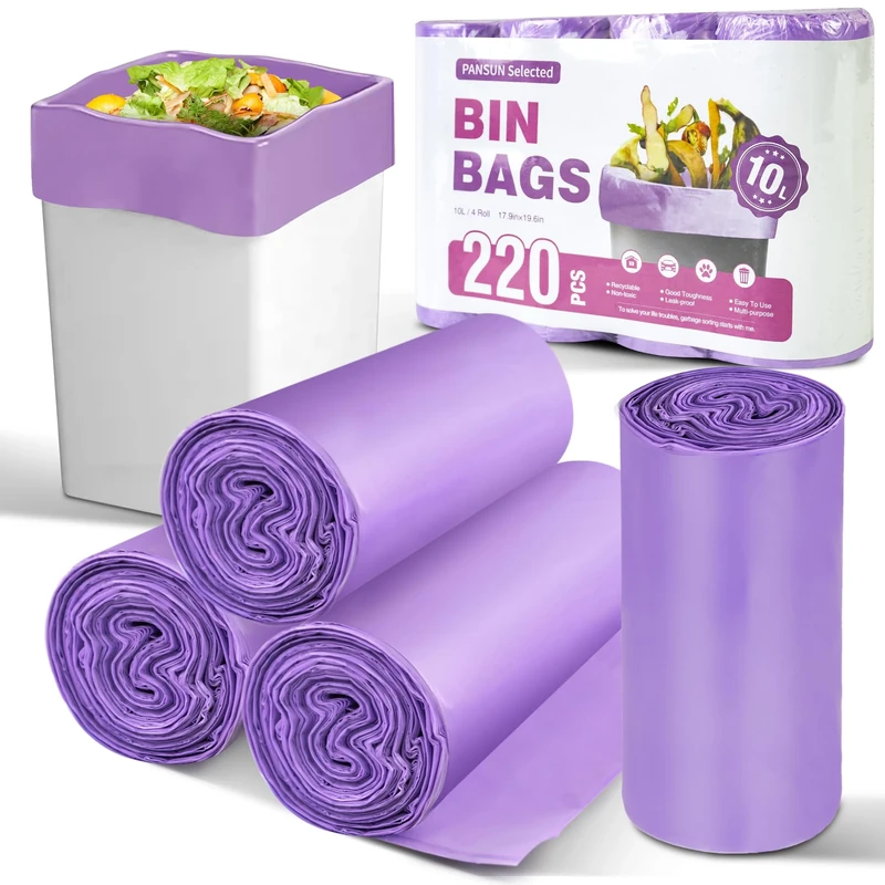 PANSUN Selected Bin Bags Small,220 Counts 10L Pedal Trash Can Bin for kitchen,Bathroom,Unscented Purple Garbage Bags