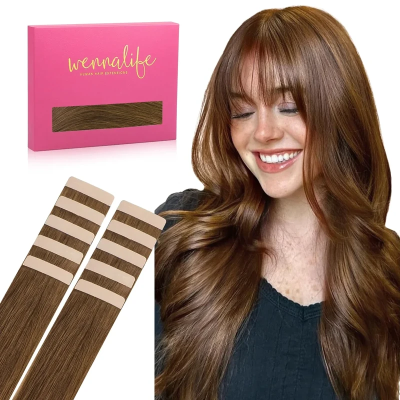 WENNALIFE Tape in Hair Extensions Human Hair, 22inch 10pcs 30 Light Auburn Brown Real Human Hair Tape Extensions