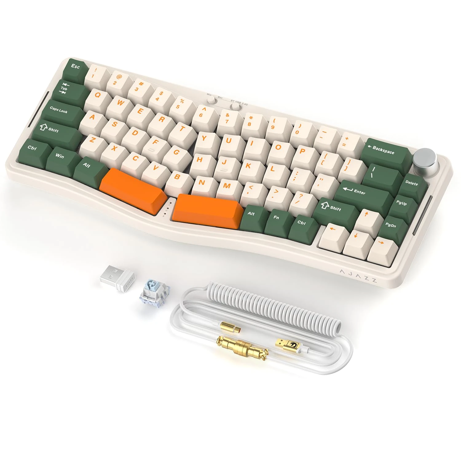 AJAZZ AKS068PRO 65% Wireless Mechanical Gaming Keyboard with Coiled Cable,68-Key Alice-Layout BT5.0/2.4G/Wired,RGB Hotswap Linear Switch,VIA Programmable with CNC Knob,Gasket Mount for Win/Mac-Green