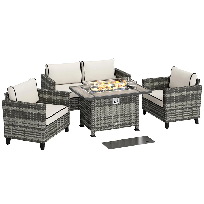 Outsunny 5 Pieces PE Rattan Garden Furniture Set with Gas Fire Pit Table, Loveseat Sofa, Armchairs, Patio Sofa Set with Cushions, Pillows, for Poolside, Grey