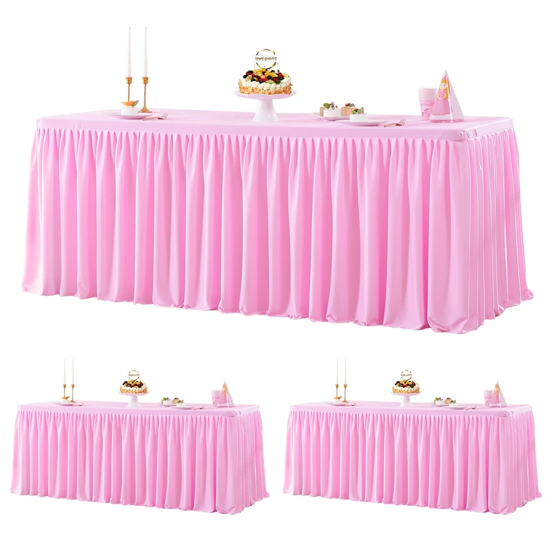 Wish Care 3 Pack Pink Polyester Table Clothes for 6 Foot Rectangle Tables, Wrinkle Free Fitted Table Cover with Pleated Ruffle Table Skirt for Party Baby Shower Wedding Birthday Event Display