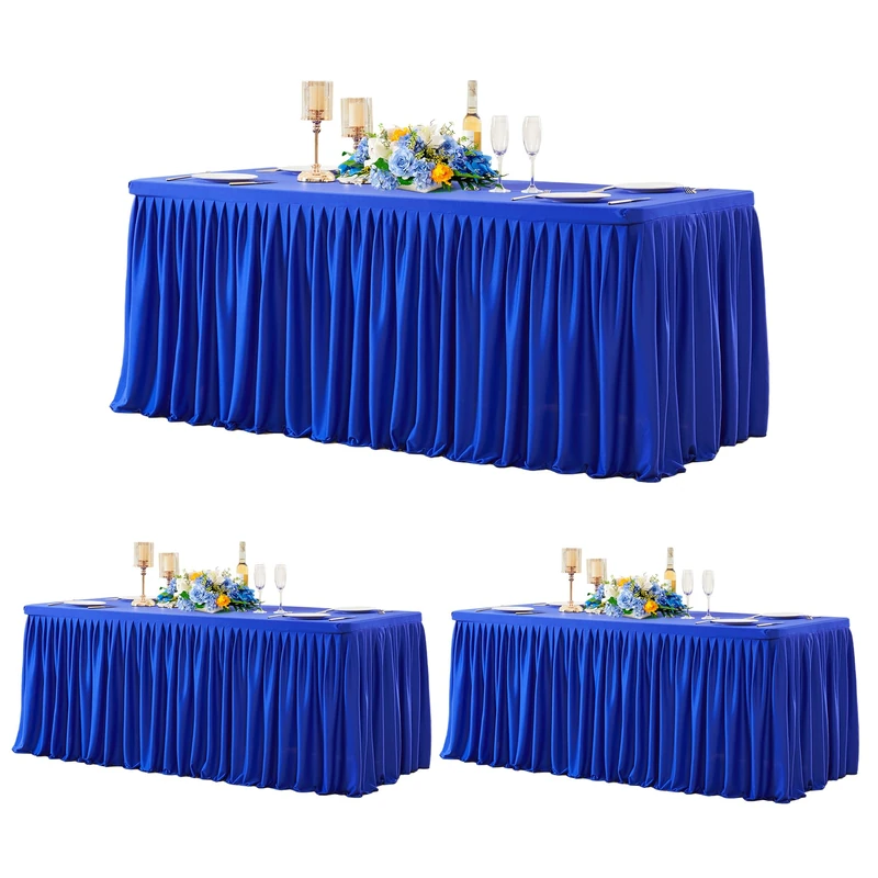 Wish Care 3 Pack Royal Blue Polyester Table Clothes for 6 Foot Rectangle Tables, Wrinkle Free Fitted Table Cover with Pleated Ruffle Table Skirt for Party Baby Shower Wedding Birthday Event Display