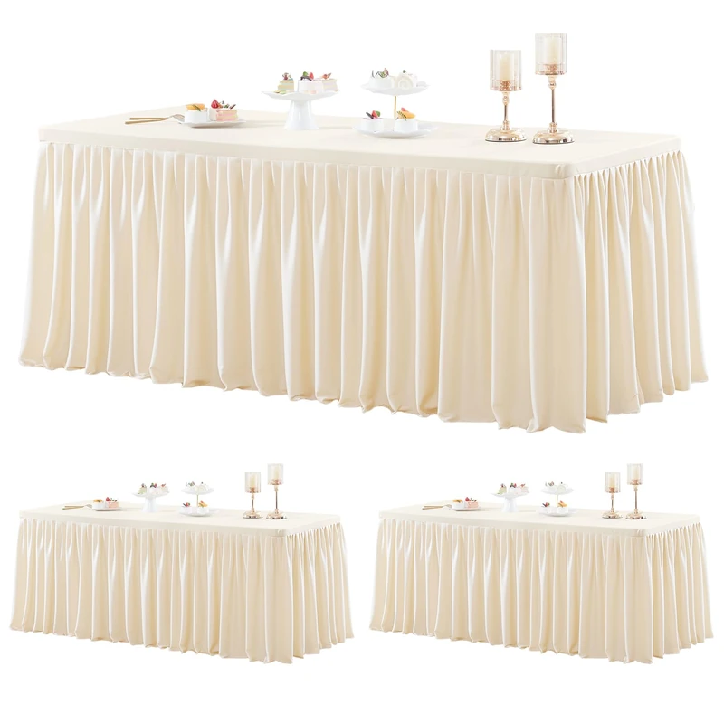 Wish Care 3 Pack Ivory Polyester Table Clothes for 6 Foot Rectangle Tables, Wrinkle Free Fitted Table Cover with Pleated Ruffle Table Skirt for Party Baby Shower Wedding Birthday Event Display