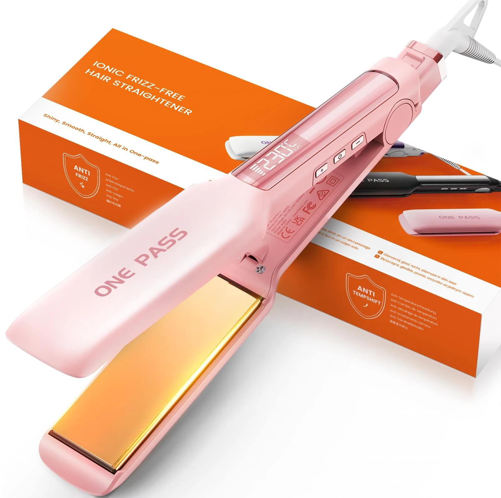 Faszin Professional Hair Straighteners, 42mm Wide Plate Titanium Negative Ion Flat Iron, 30s Rapid Heating, 11 Adjustable Temperature Levels (130-230℃), Real-time Temperature Display-Pink