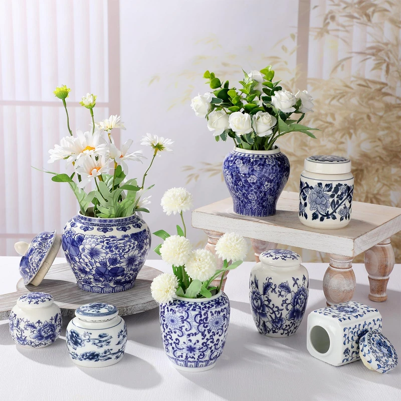 Hushee 8 Pcs Small Blue and White Vases Chinoiserie Vase Ginger Jar Porcelain Ginger Jar Chinoiserie Decor Blue and White Decor for Home Bedroom Table Centerpieces Tabletop Accent Shelf (Stylish)