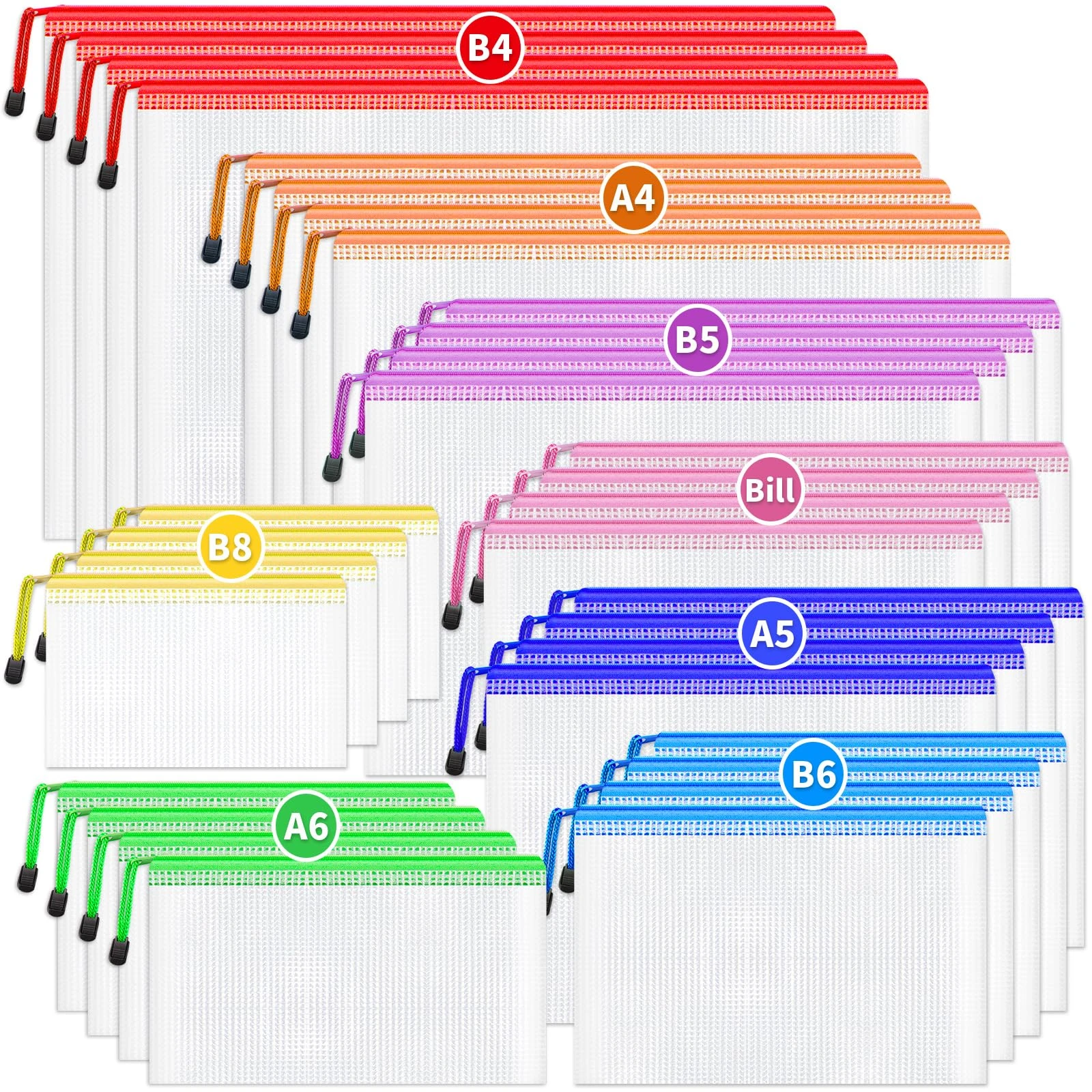 Smarpau 32PCS Plastic Zip Wallets, 8 Sizes Mesh Zipper Bags Plastic Folders, Waterproof Zip Lock Storage Bags Document Wallet for School, Office Supply, Home and Travel (8 Colors)