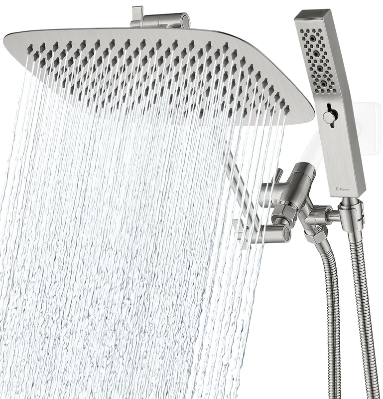 G-Promise 12" Dual Shower with Portable Spray Combo | Rain Shower with Portable Massage Mode | 3-Way Diverter with Adjustable Extension Arm, Stainless Long Hose