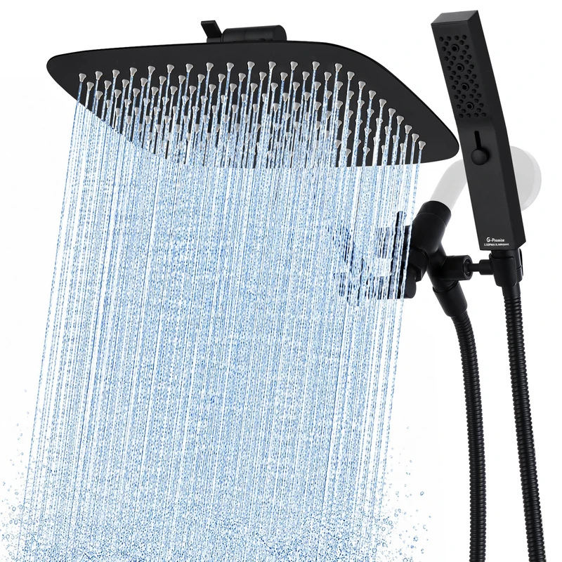 G-Promise 12" Dual Shower with Portable Spray Combo | Rain Shower with Portable Massage Mode | 3-Way Diverter with Adjustable Extension Arm, Stainless Long Hose