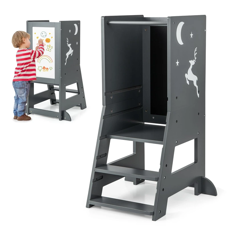 GYMAX Kids Step Stool, Wooden Kitchen Toddler Helper Stand with Adjustable Height, Chalkboard & Whiteboard, Baby Tower Lightweight Stepladder (Gray)