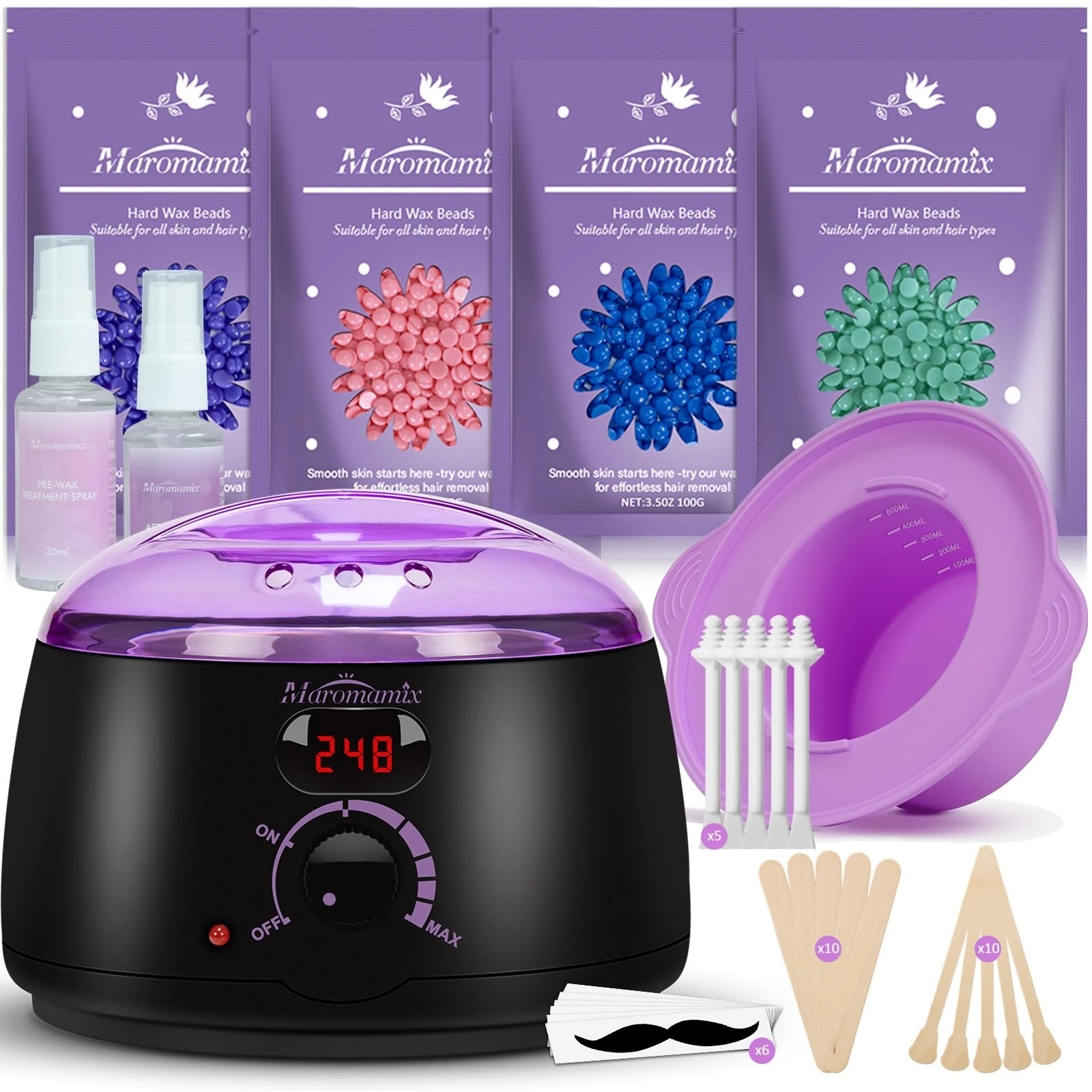 Waxing Kit -Digital Warmer Machine for Hair Removal with 4 Packs of Hard Beads & Silicone Wax Pot for Full Body, Legs, Face, Eyebrows, Bikini, Brazilian at Home Waxing Kit for Women Men