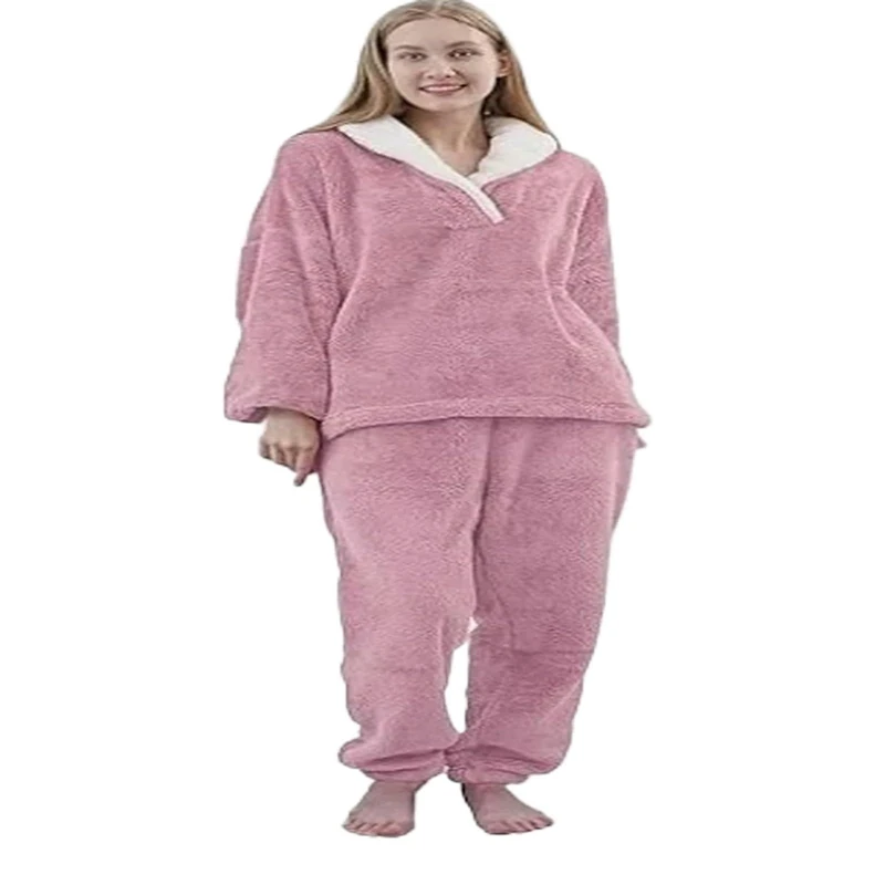 CYZJPRVN Pajamas Women'S Coral Fleece Pajamas Flannel Sleepwear Soft Pajamas Set Warm Loungewear 2 Piece Pjs Set-Pink-M