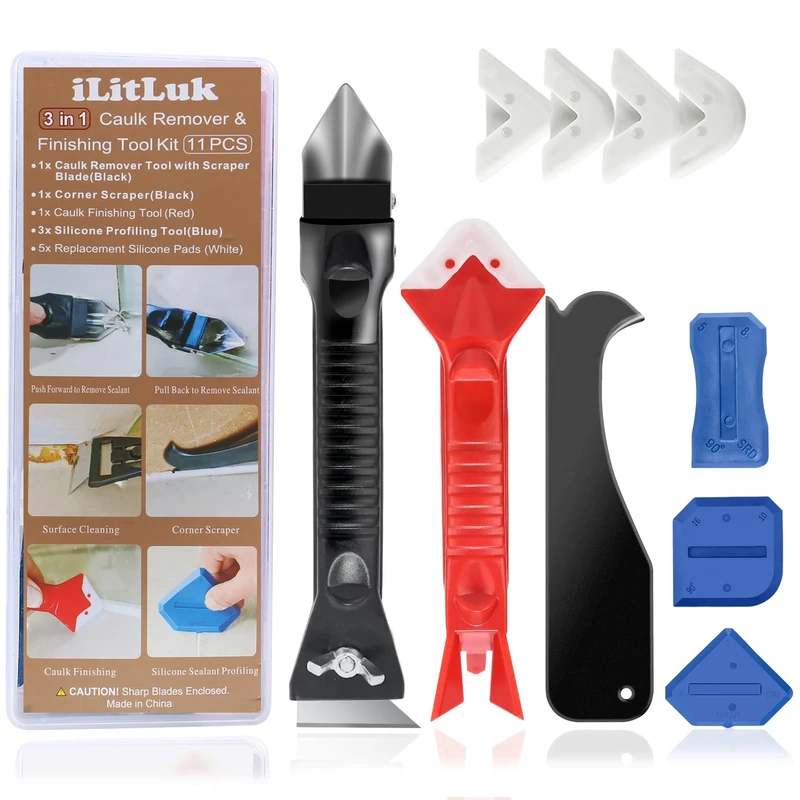 Caulk Tool Kit for Removal and Application Caulking Spatula Grout Stripper Tool Grout Remover Angle Carbide Scraper Caulking Tips Tool with Caulk Application Tool and Silicone Finishing Tools