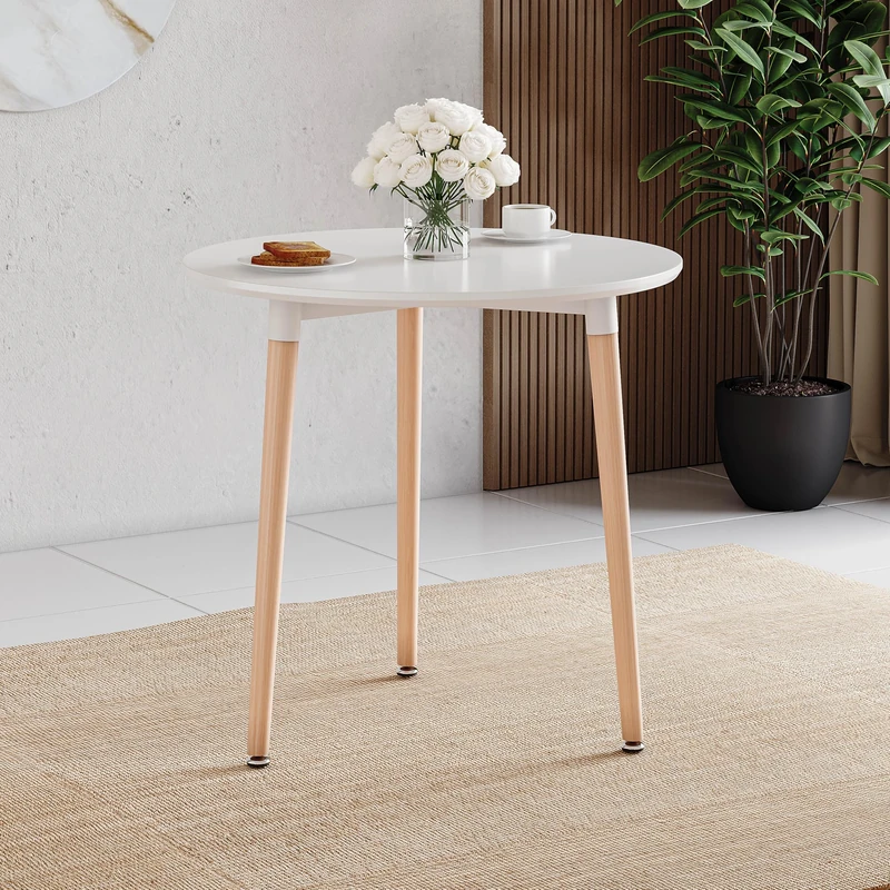Vida Designs Batley Round Dining Table, Modern Round Kitchen Table with Natural Beech Wood Legs, Compact Dining table for Small Kitchen & Dining Room Furniture (White, 3 Seater)