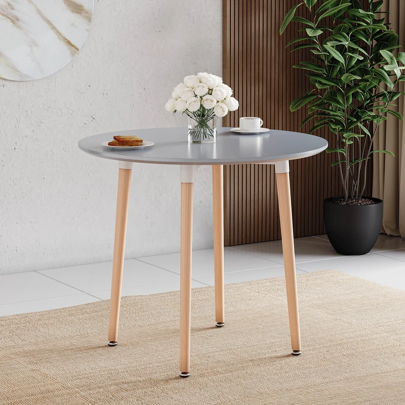 Vida Designs Batley Round Dining Table, Modern Round Kitchen Table with Natural Beech Wood Legs, Compact Dining table for Small Kitchen & Dining Room Furniture (Grey, 4 Seater)