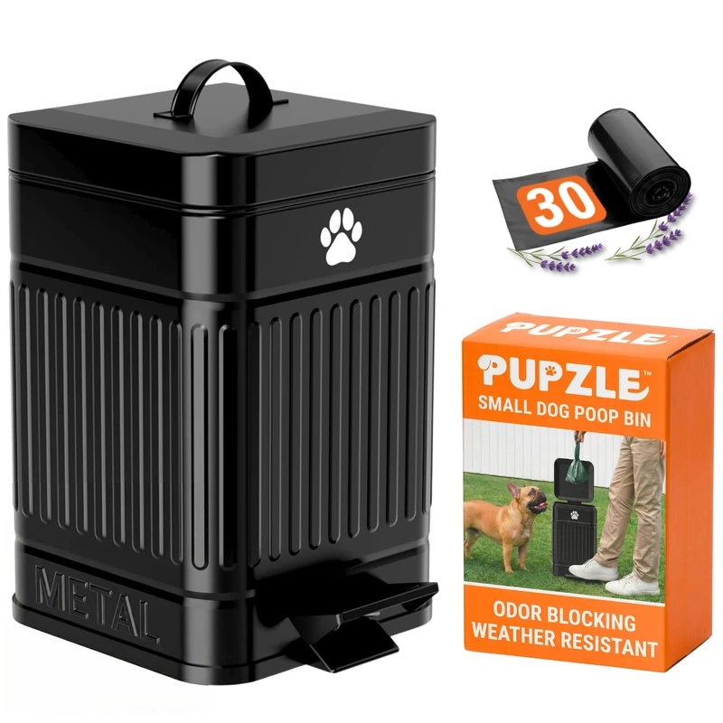 Pupzle Small Dog Poop Trash Can Outside, 1.3 Gal Metal Dog Waste Trash Can, Small Poop Bucket Outdoor with Lid, Poo Container Bin Waterproof Backyard Odor Control, 30 Bags (Black)
