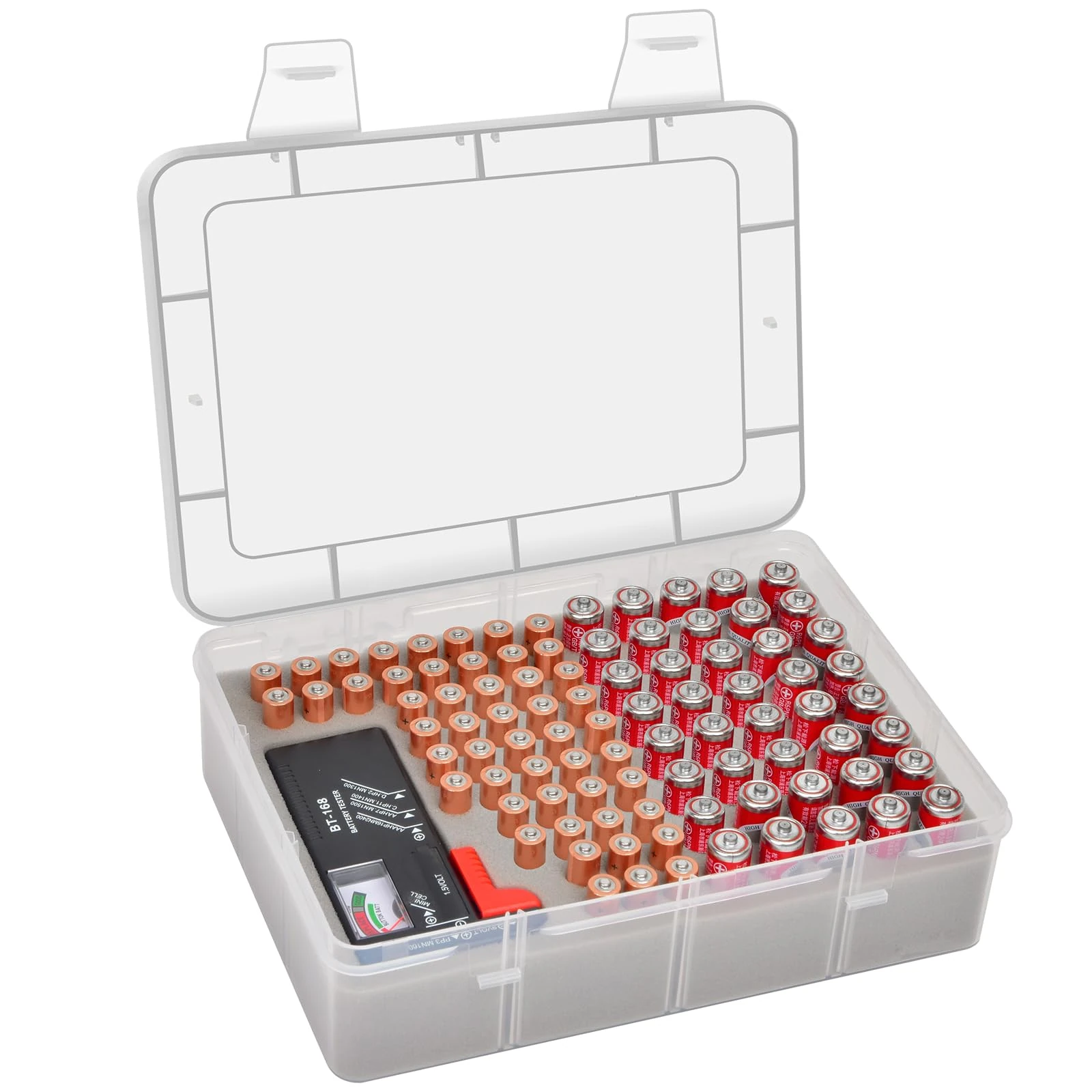 Againmore Battery Storage Organizer Box with Battery Tester, Garage Caddy Case Holder Container Bag Holds 90+ Batteries 40 AA, 50 AAA (Batteries Not Include)
