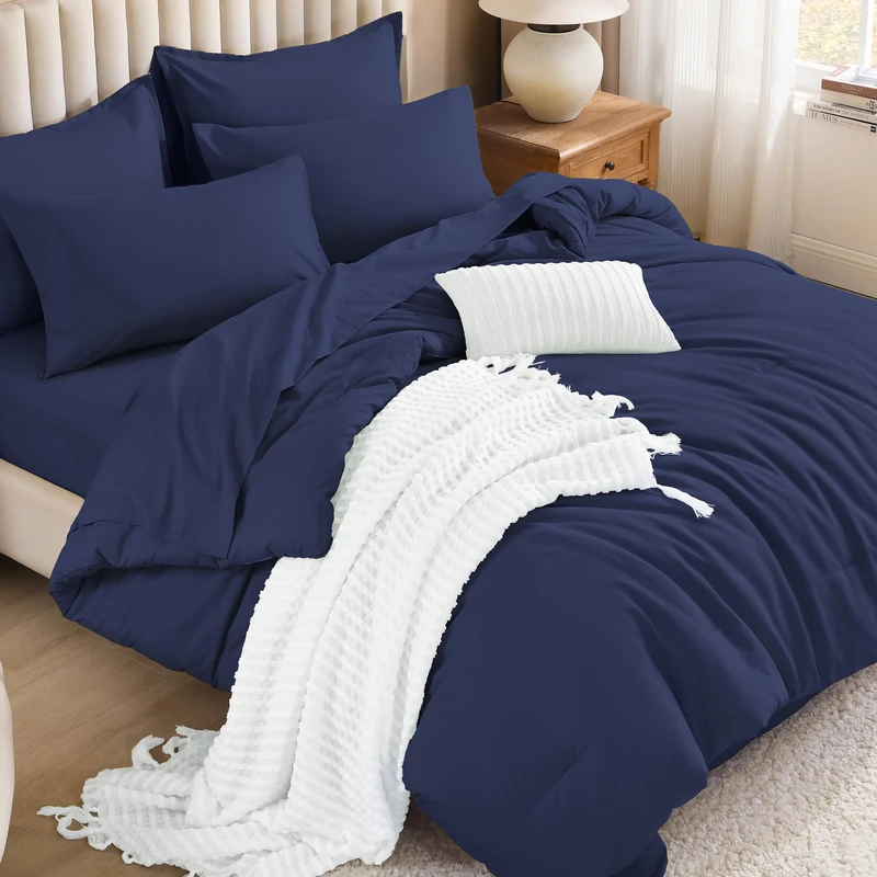 Litanika Queen Comforter Set Navy Blue - 7 Pieces Bedding Bed in a Bag Queen Comforter Sets, Solid Lightweight Bed Set with Comforter, Sheets, Pillowcases & Shams