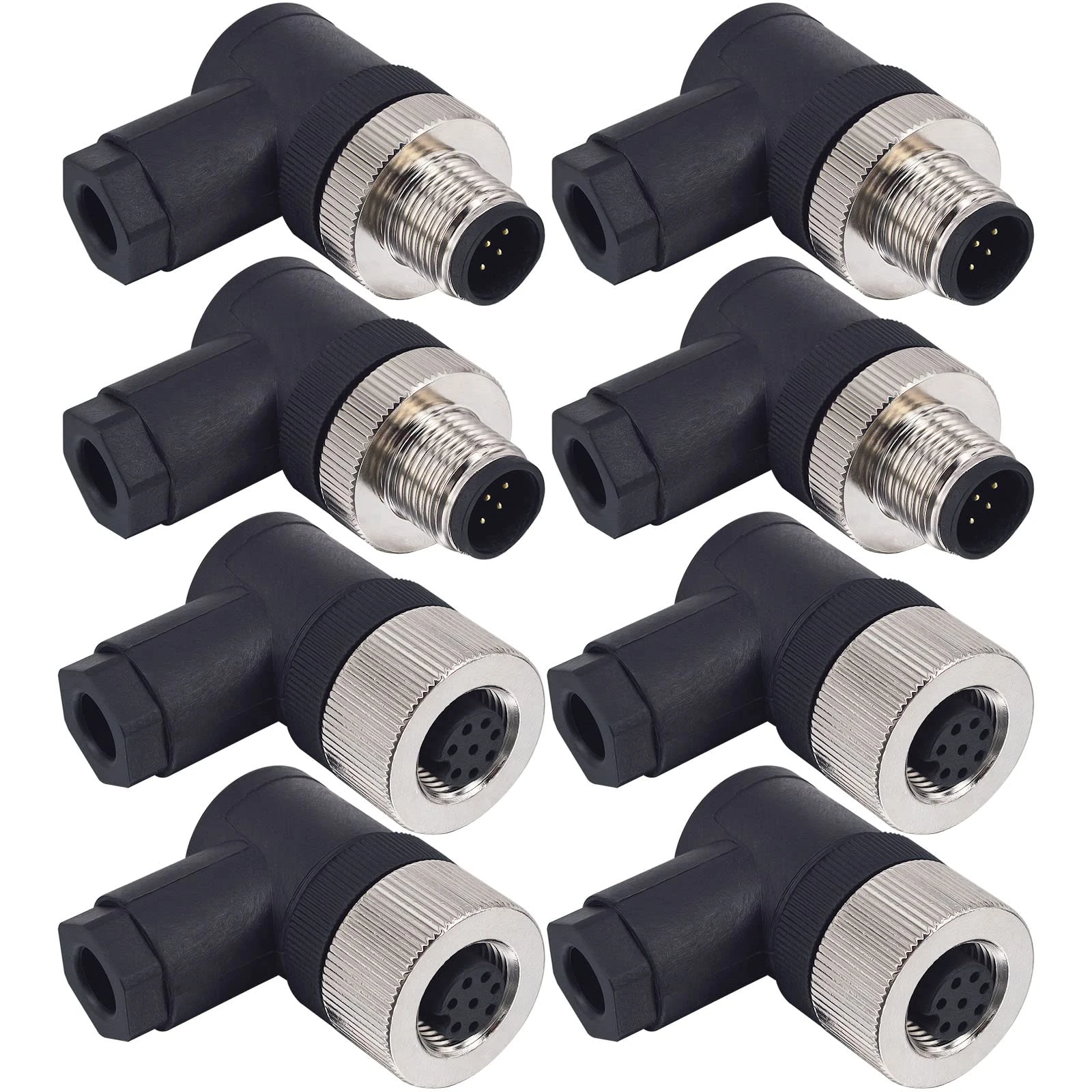 Lonlonty M12 8-Pin Connector Kit, Right Angle Male & Female Panel Mount, IP67 Waterproof 12mm Threaded Aviation Connectors Set of 4