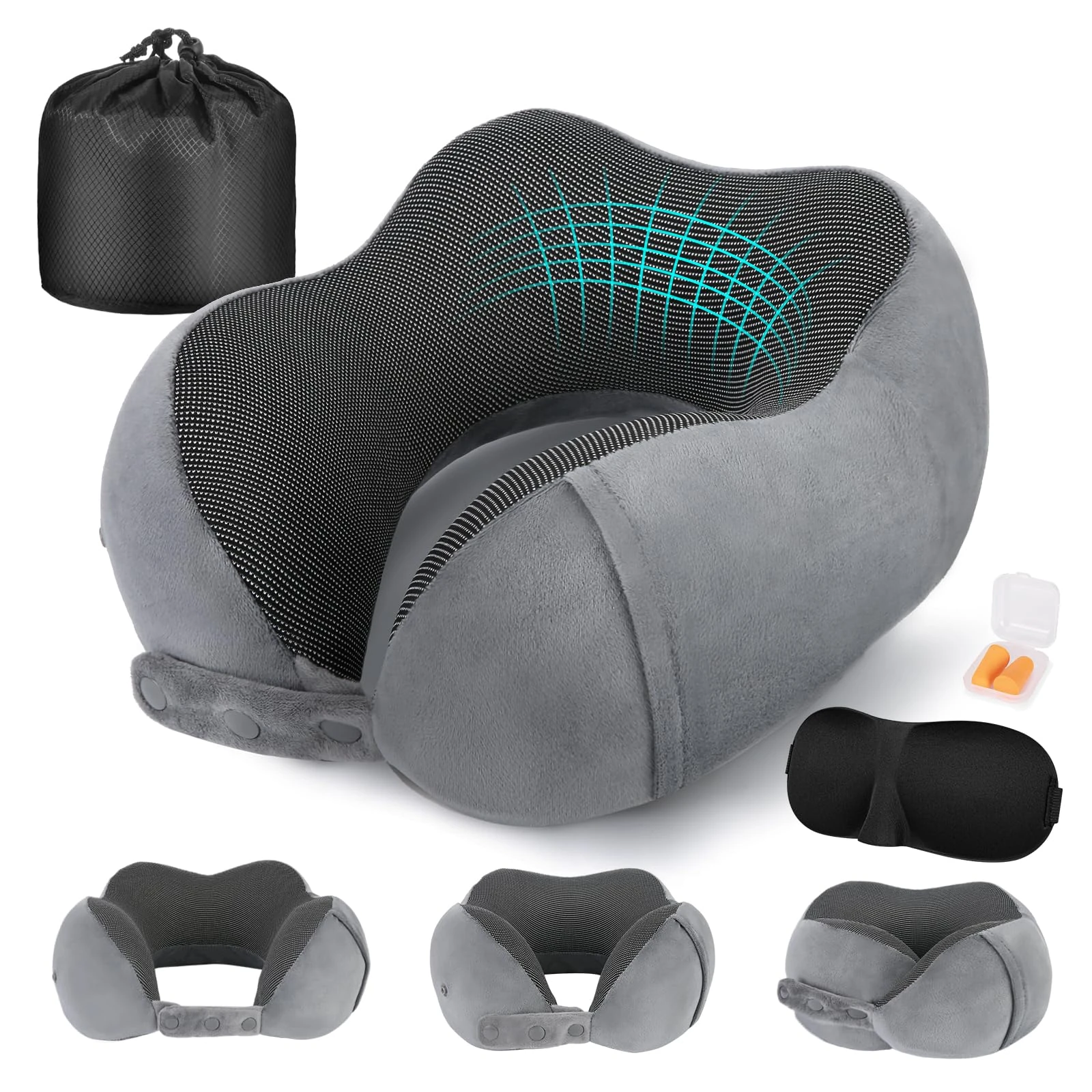 Cirorld Travel Pillow for Airplane, Neck Pillow for Travel, Memory Foam Travel Neck Pillow for Adults, Adjustable & Compact Flight Pillow, Ergonomic Neck Cushion, With Ear Plugs, Eye Mask, Carry Bag