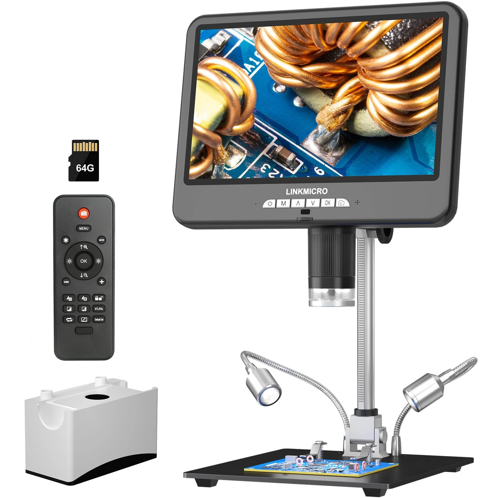 LINKMICRO LM210S 10.1'' 4K 60FPS HDMI Digital Microscope for Soldering Electronics, 4K UHD Video, 64MP USB Coin Magnifier Full View for Adults with Audio, 64GB
