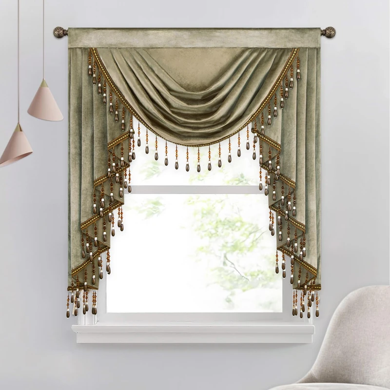 VOGOL Brown Luxury Velvet Waterfall Valance, Soft Touch Vintage Style Swag Curtain Drapes for Living Dining Room, Rod Pocket Privacy Window Treatments, 1 Panel, 39 Inches Wide