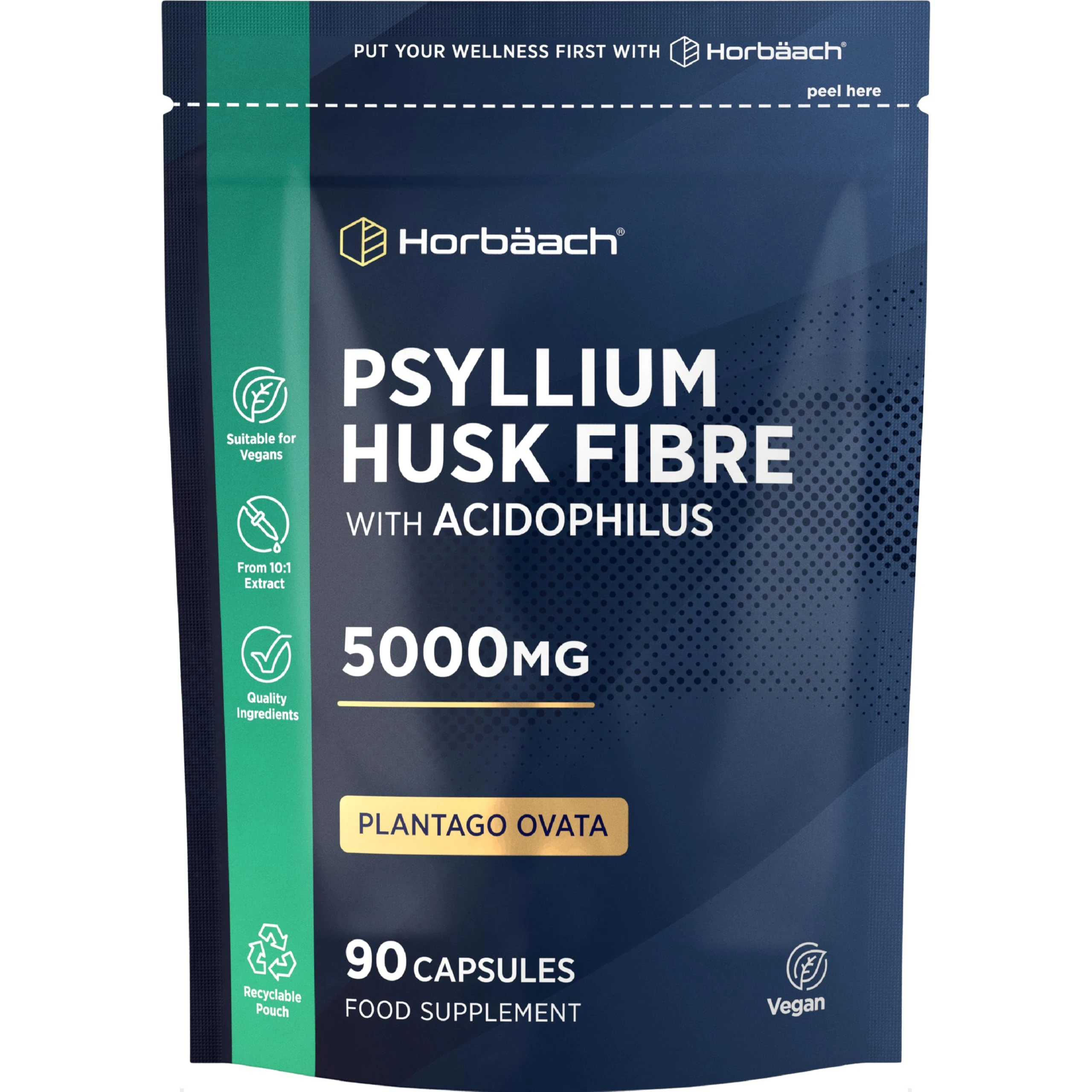 Psyllium Husk Capsules 5000mg with Acidophilus | Natural Soluble Fibre Supplement with ProBio | Plantago Ovata Seed Husk Extract | 90 Vegan Capsules | by Horbaach