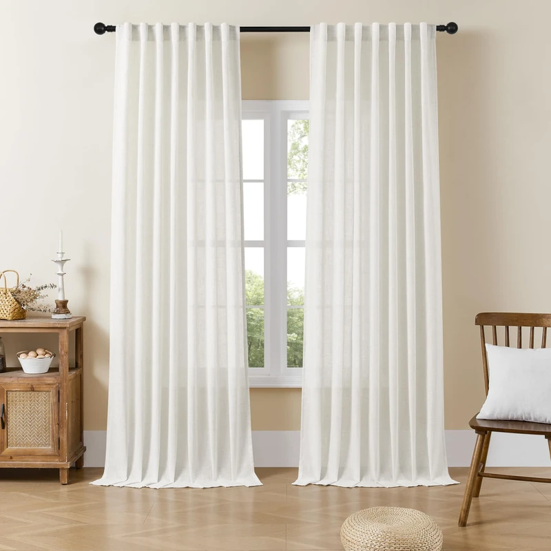 Joydeco Light Filtering Curtains 90 Inch Length for Bedroom, Linen Curtains 90 Inch Length 2 Panels Set for Living Room，White Semi Sheer Curtains 90 Inches Long with Rod Pockets