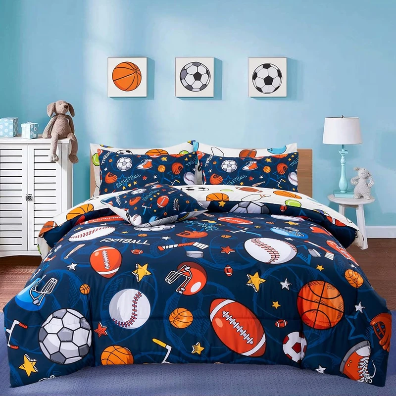 A Nice Night 6Pcs Bed in A Bag Twin Sports Microfiber Modern Comforter Set,Navy Rugby Ball Printed Bedding Collections,for Boys Kids Teen