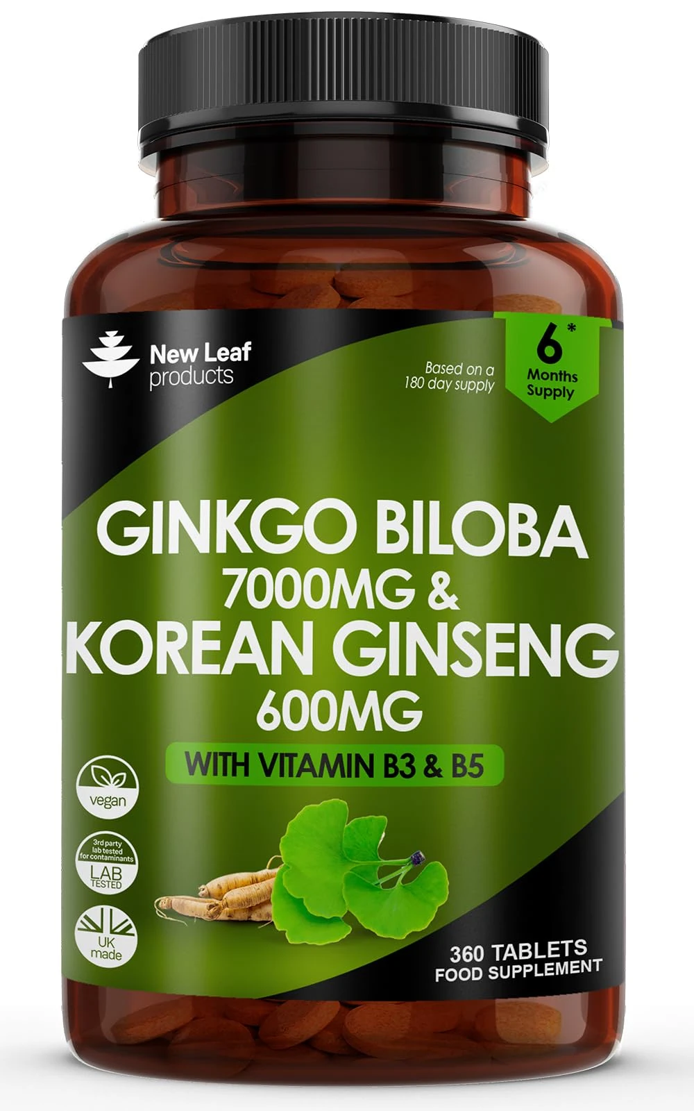 Ginkgo Biloba and Korean Ginseng Tablets - 7000mg Ginkgo Biloba Herbal Supplements & 600mg Panax Ginseng High Strength Ginseng Extract - Enriched with Vitamin B3 & B5-360 Vegan Tablets