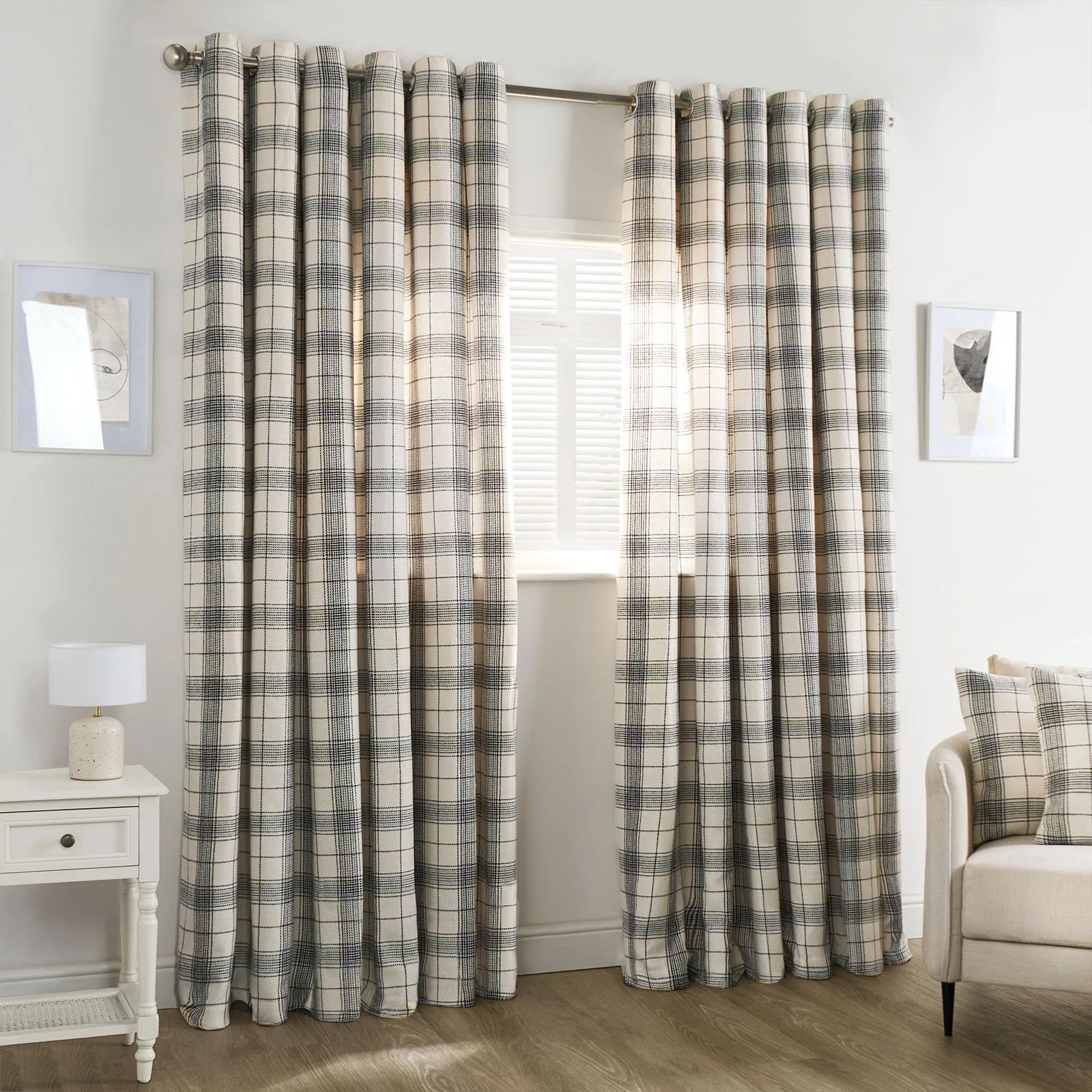 OHS Woven Check Eyelet Blackout Curtains for Bedroom Living Room, Soft Luxurious Decorative Thermal Insulated Fully Lined Curtains for Windows 2 Panel, Cream - 66" x 54"