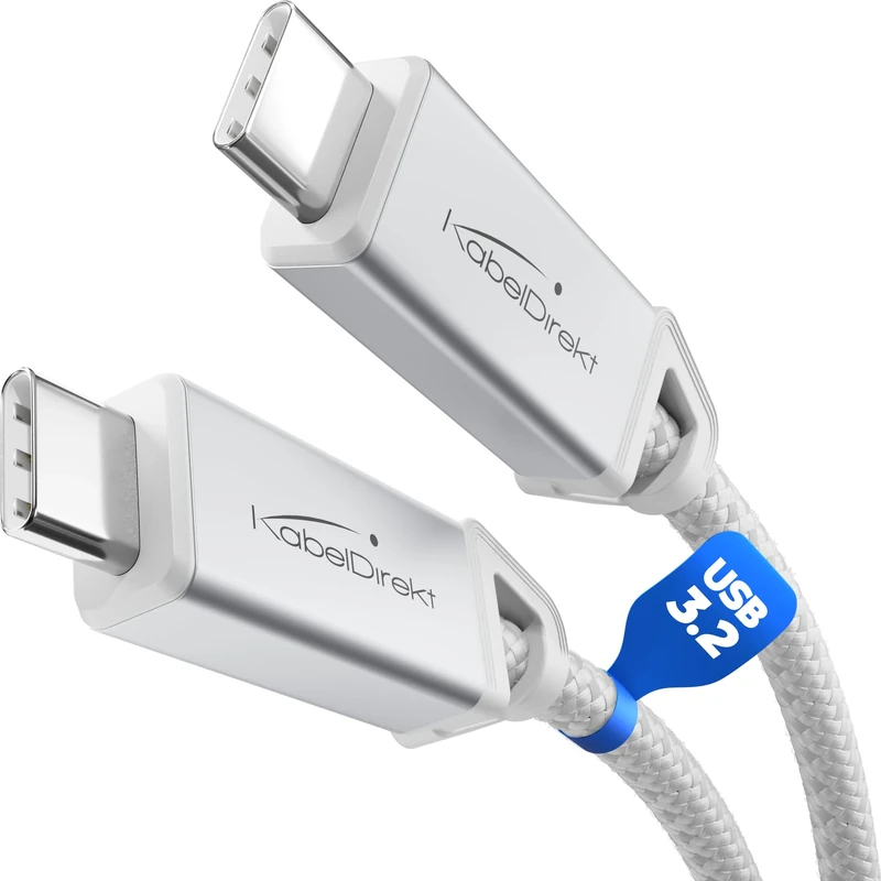 KabelDirekt – USB C Cable All-purpose, USB 3.2 Gen 2, Metal Connectors + Braiding – 2m (for Data/Video with 20Gbps, Fast Charging with 240W, Universal Data/Charging/Monitor Cable, White)