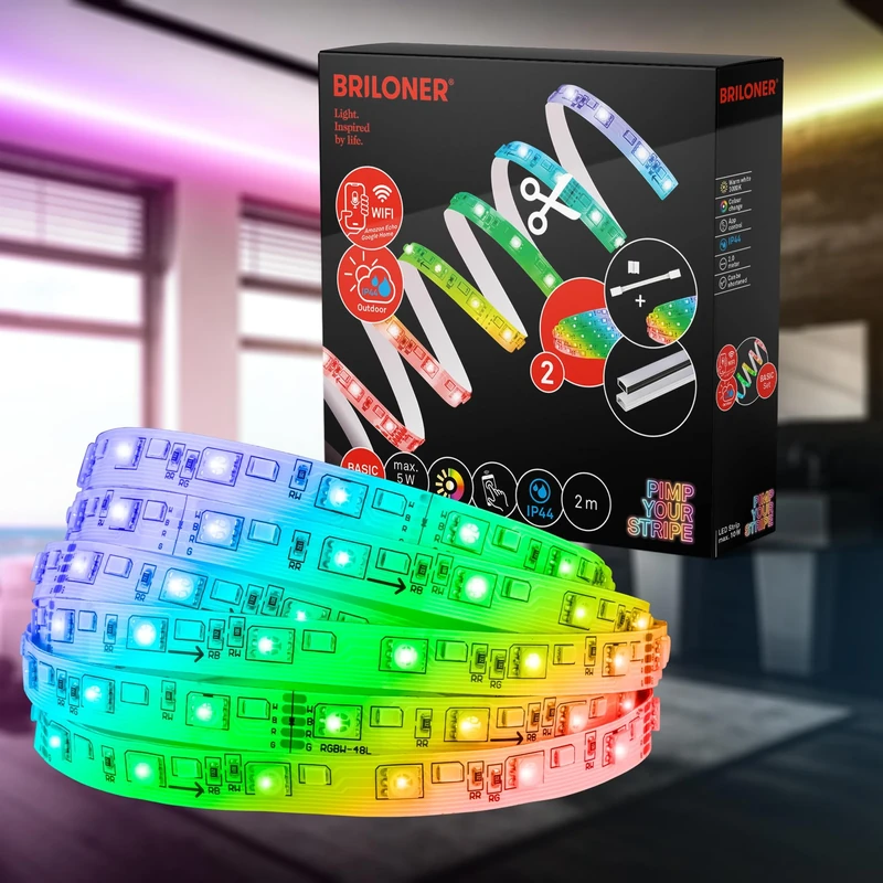 Briloner Your Stripe Starter Set 2 m IP44 Splash Protection App Voice Control 3 m Cable Colourful RGBW Can Be Shortened Outdoor LED Strip LED Light Strip Patio Decoration