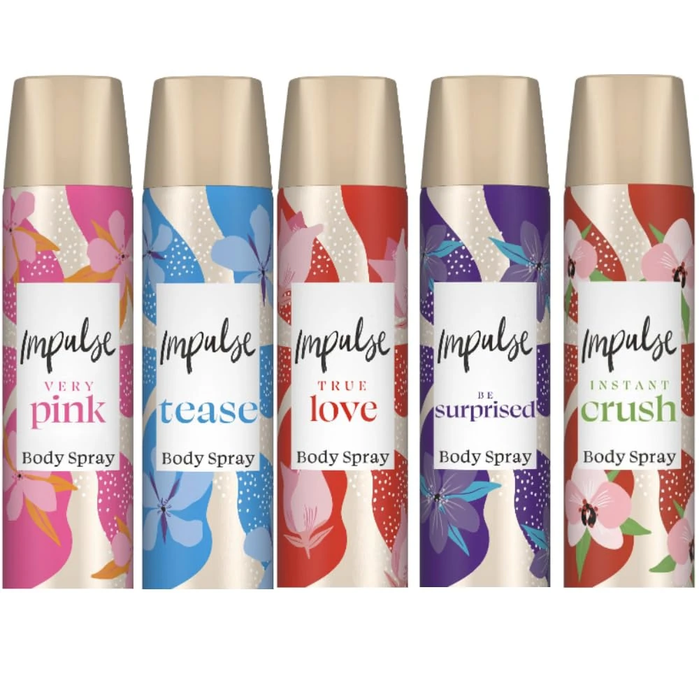 Impulse Body Spray 75ml 5-Pack Gift Set – Tease, Very Pink, True Love, Be Surprised & Instant Crush – Women’s Fragrance Sprays – Packed by Black Nore Gifts