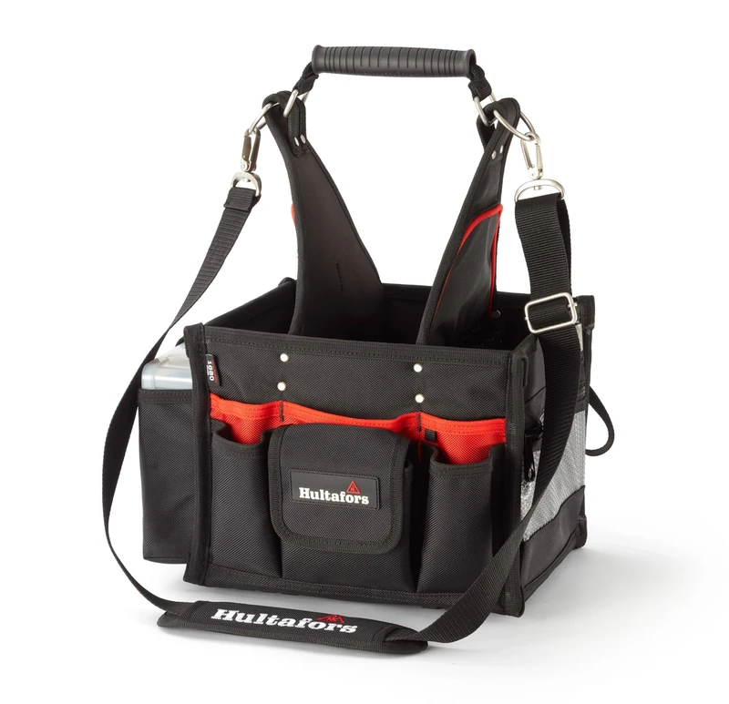 Tool bag for electricians with 34 compartments and storage options, including shoulder strap and assortment box from Hultafors I Open tool bag with compartments and pockets I Robust material I 590150