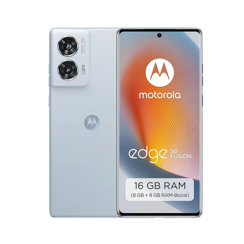 Motorola edge50 Fusion smartphone (6.7 inch FHD+ pOLED display, 50 MP, 8/256 GB, 5000 mAh, includes 68W charger, Android 14) Marshmallow Blue, includes protective cover + phone mount [Exclusively at