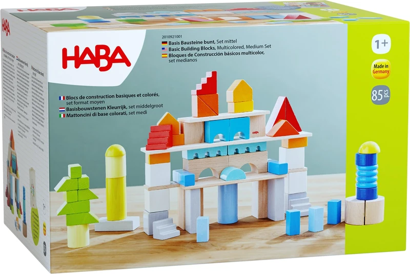 HABA Basis Wooden Building Blocks Set with 85 Multicoloured Pieces and Cotton Bag | Classic Creative Building Bricks for Toddlers | Durable Wooden Building Toys for Early Learning and Open-Ended Play
