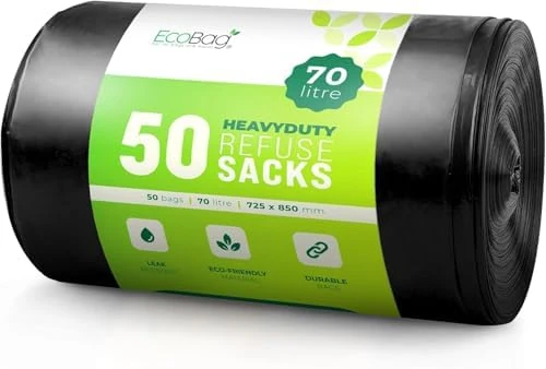 EcoBag - 100 Pack Extra Strong Heavy Duty Refuse Sacks - 100L - 33 Microns - Recyclable Bin Bags, Leak Resistant, Eco-Friendly, Durable Waste Disposal Bags for Household & Commercial Use (736x990mm)