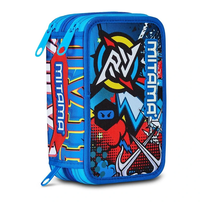 Mitama School Pencil Case 3 Compartments, Triple Mysterical Warriors, Content 47 Pieces, Complete with Pencils, Markers and Pen Holder for Elementary School Children, Blue, Taglia Unica, 3 Zip Pencil